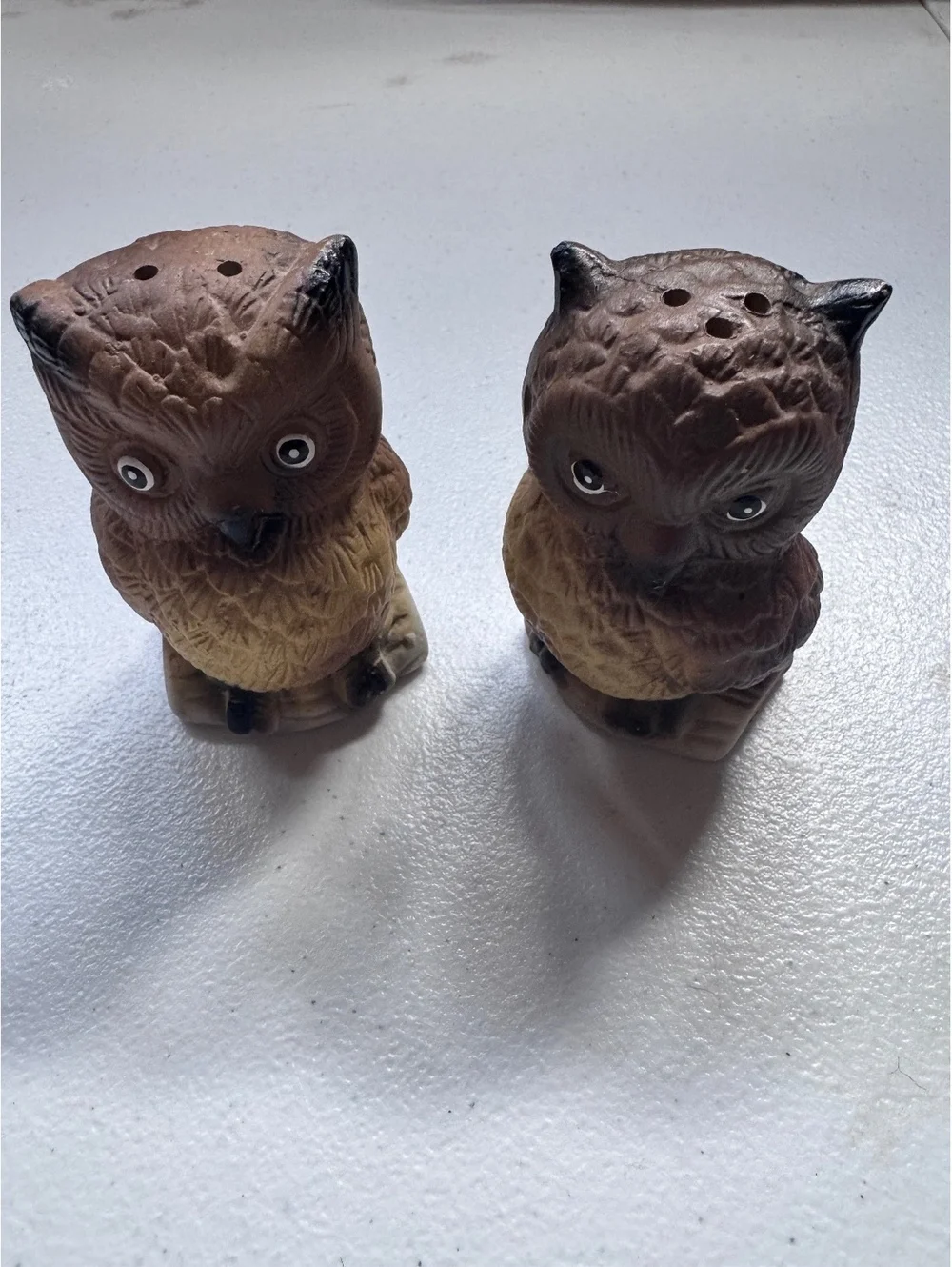 Vintage Brown Ceramic Owl Salt Pepper Shakers Set Retro Kitsch Bird Figurines